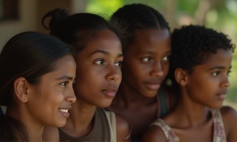Still frame from a documentary showing diverse faces in a community setting, representing media for social impact.