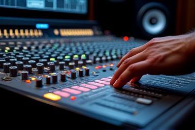Sound engineer working at a mixing console.
