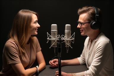 Podcast hosts recording around microphones.