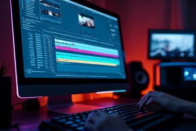 Video editor working on a timeline in post-production suite.