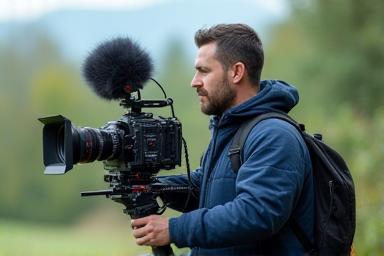 Camera operator filming on location.